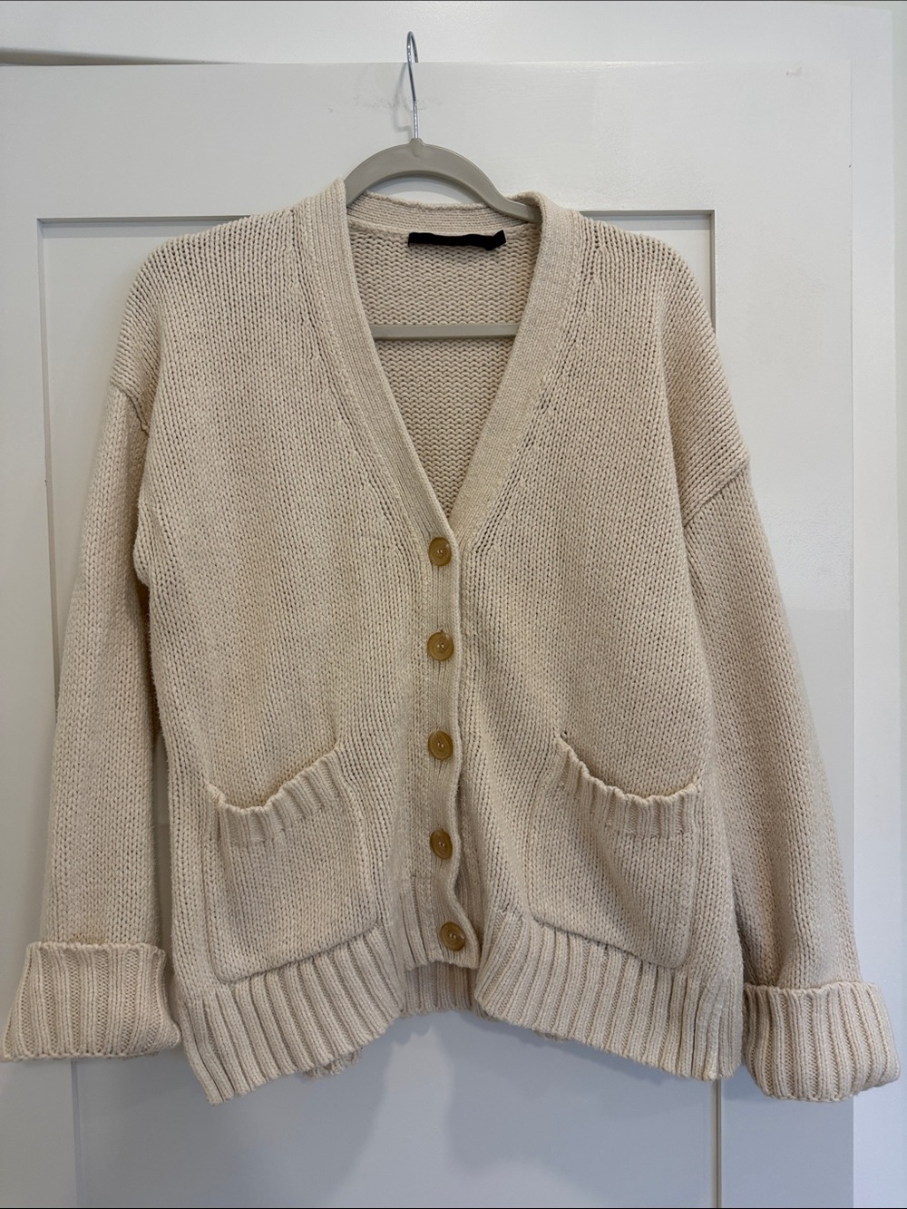 Jenni Kayne Cream Cotton Chunky Knit Cardigan XS Button Front Pockets